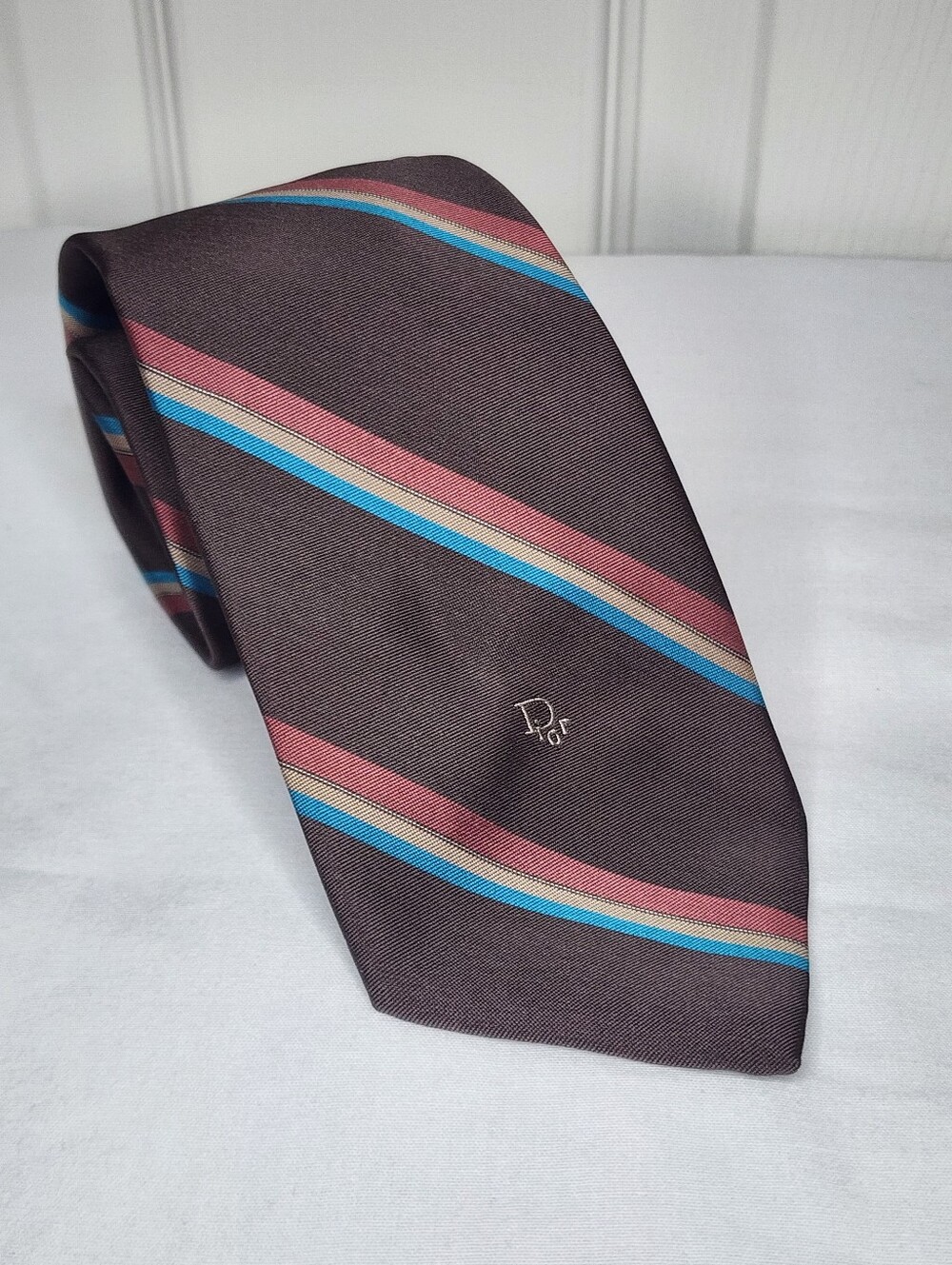 Christian Dior Brown Red And Blue Striped Tie.